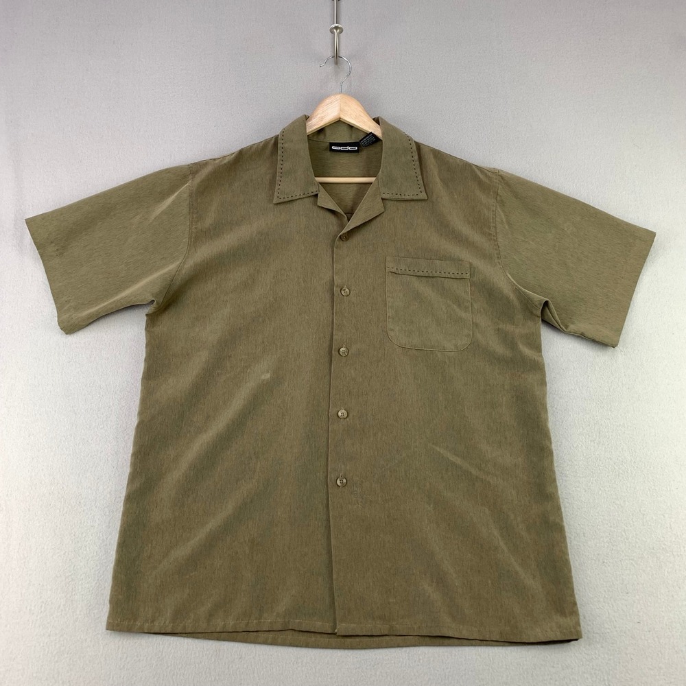Vintage ODO Camp Shirt Mens Medium Green Sueded Poly Pick Stitch Pocket 90s